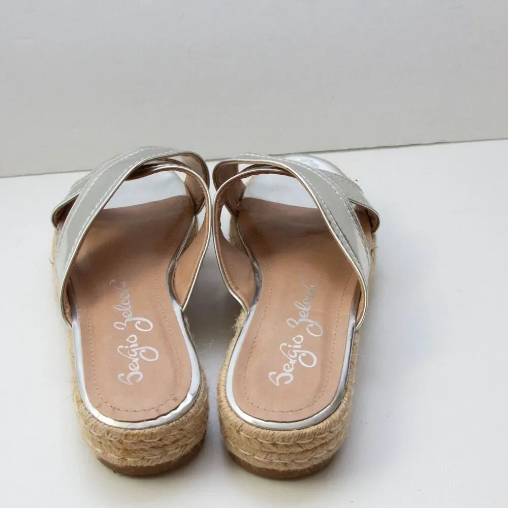 Sergio Zelcer Metallic Silver Chrome Cross Strips Slip On Platform Sandals 10